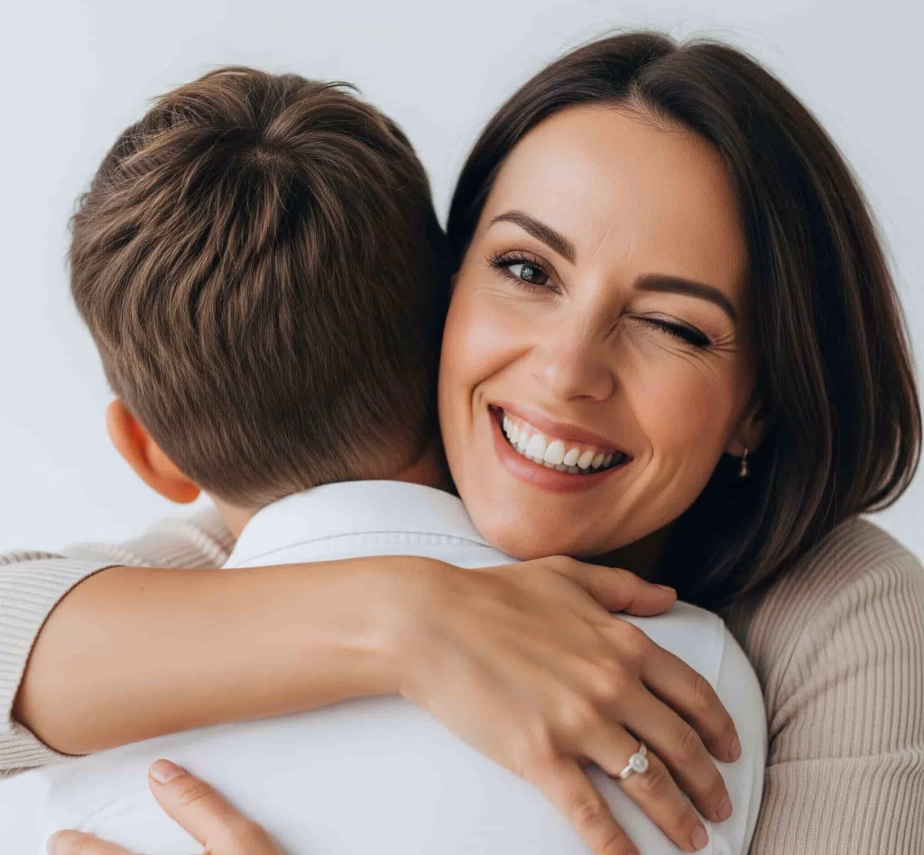 Une maman qui embrasse son ado garcon avec amour