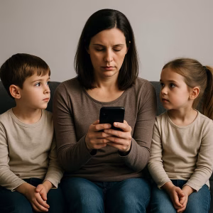 le parent, maman, distrait avec son telephone autour de ses enfants