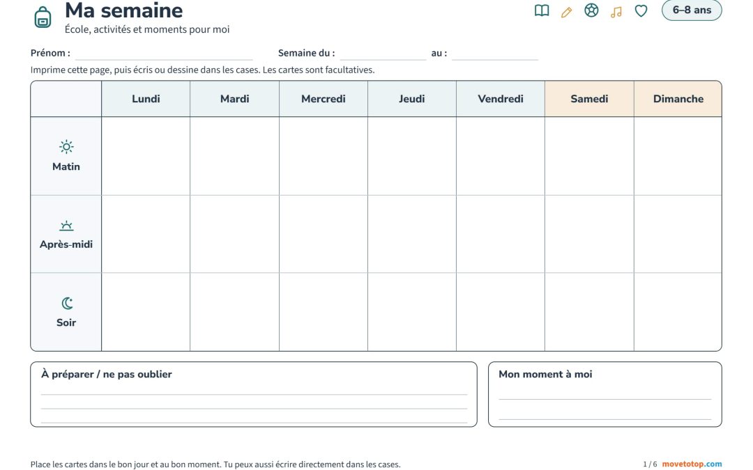 Planning hebdomadaire pour enfant de 6 à 8 ans, du lundi au dimanche, avec les lignes matin, après-midi et soir.