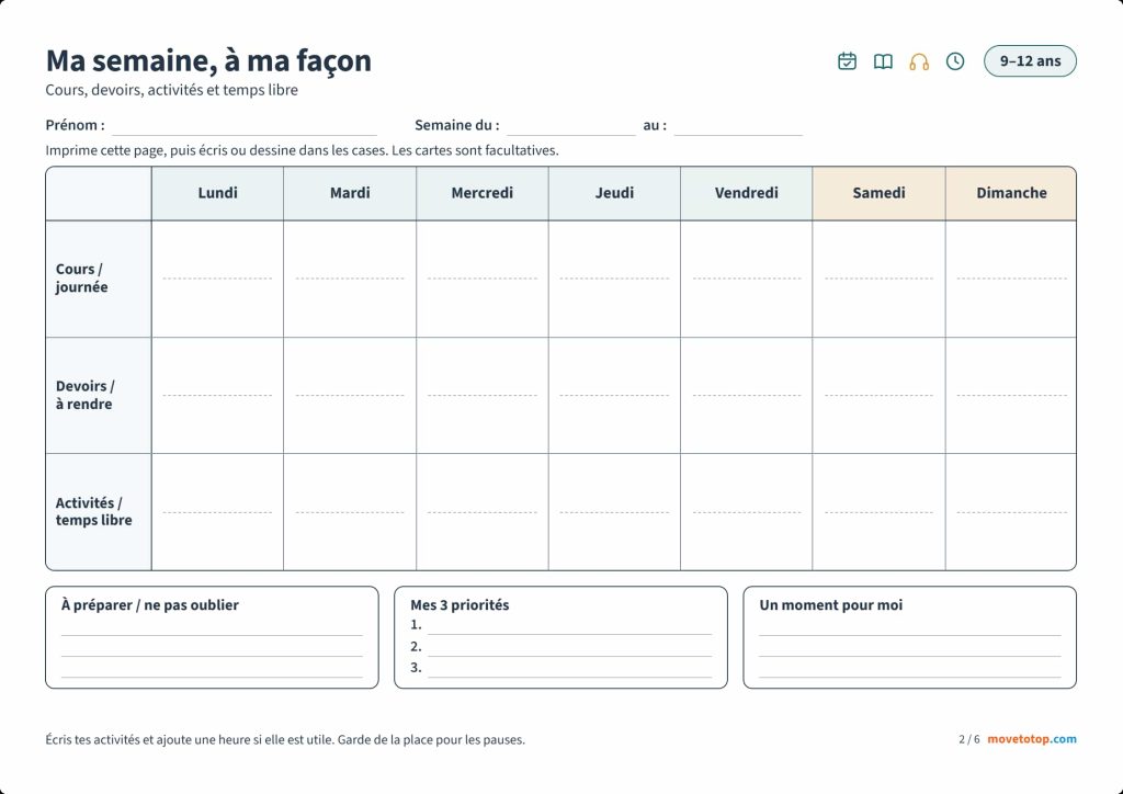 Planning hebdomadaire pour enfant de 9 à 12 ans, avec des cases pour les cours, les devoirs et les activités, du lundi au dimanche.