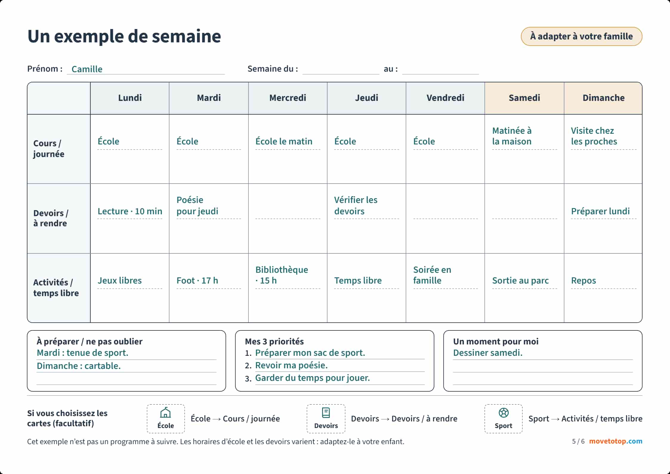 Pictogramme preremplie planning semaine enfant