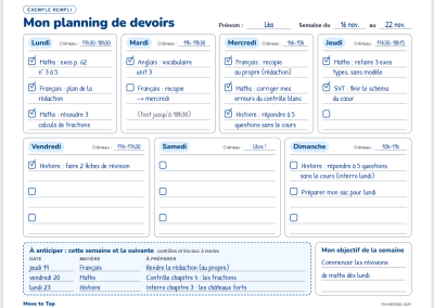 Planning devoirs à imprimer : aider votre enfant à s’organiser au collège