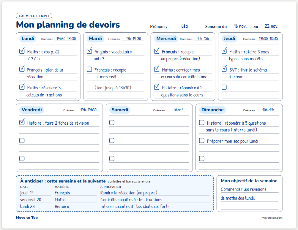 pictogramme planning devoirs college
